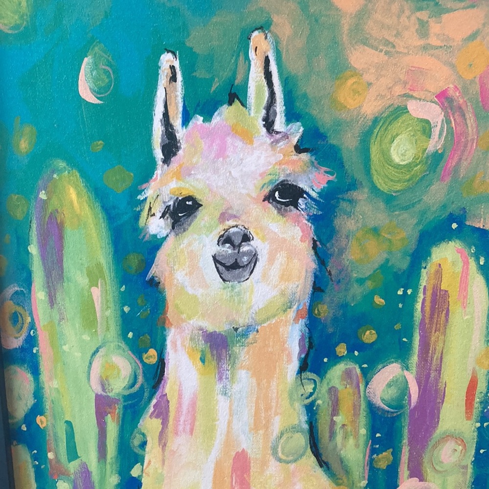 Jessica Mingo colorful llama “Afternoon in the Cactus Garden” 13.5”x 17.5” frame